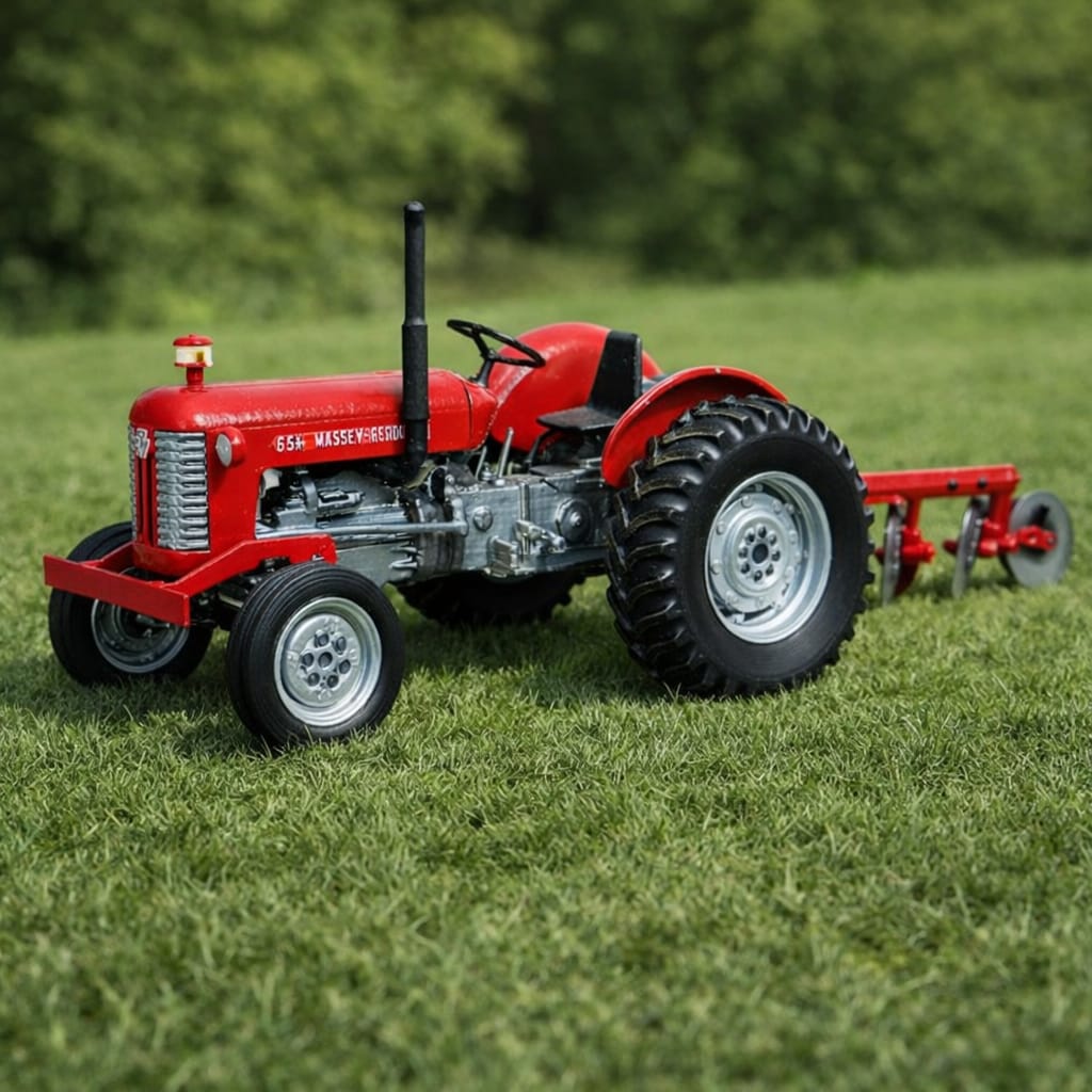Miniatura Ultra Realista Massey Ferguson 65X + Arado 3 Bacias  - 1/14 (Controle Remoto)