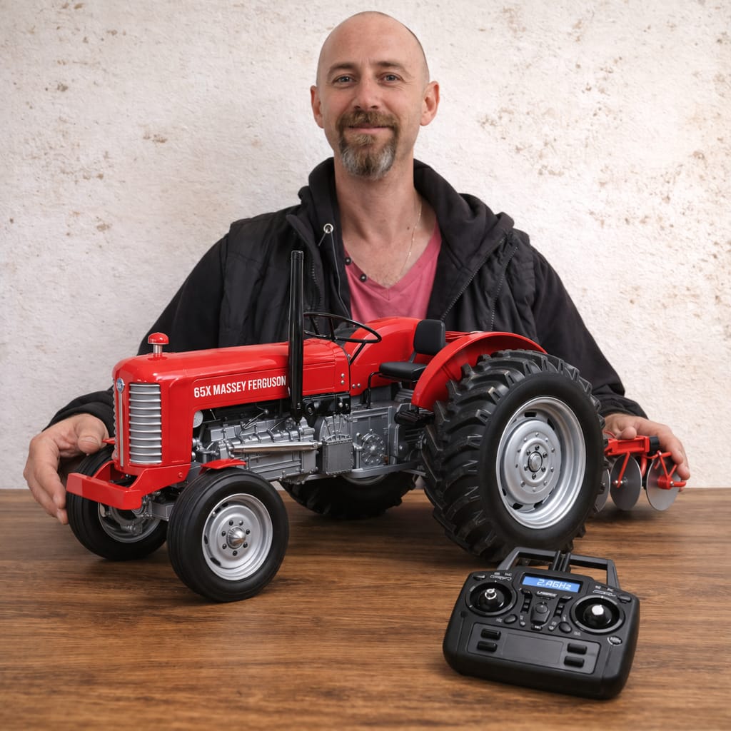 Miniatura Ultra Realista Massey Ferguson 65X + Arado 3 Bacias  - 1/14 (Controle Remoto)